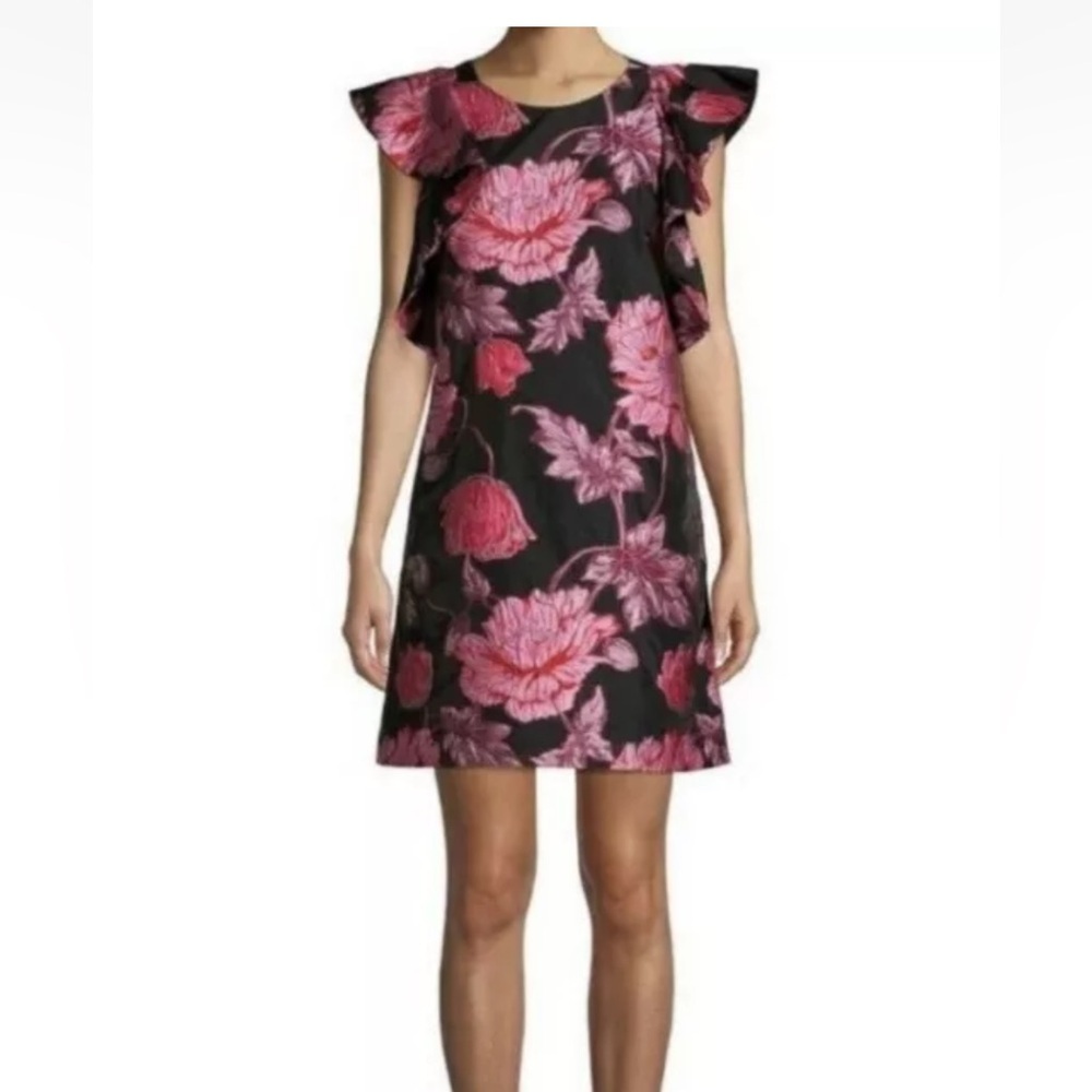Belle Badgley Mischka Gina Ruffle Cap Sleeve Floral Mini Dress Black Fuschia 4